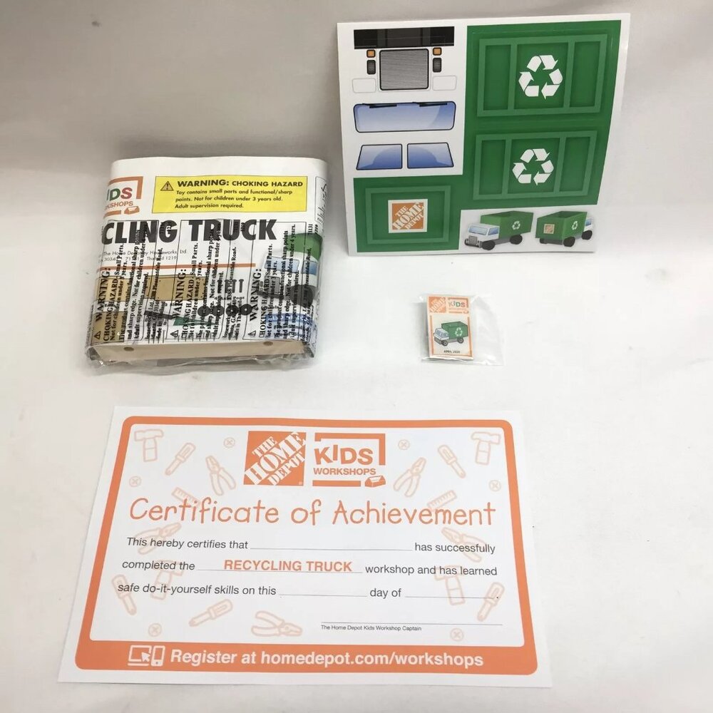 Home Depot Kid's Workshop Kit Recycling Truck With Pin, Stickers, Certificate.